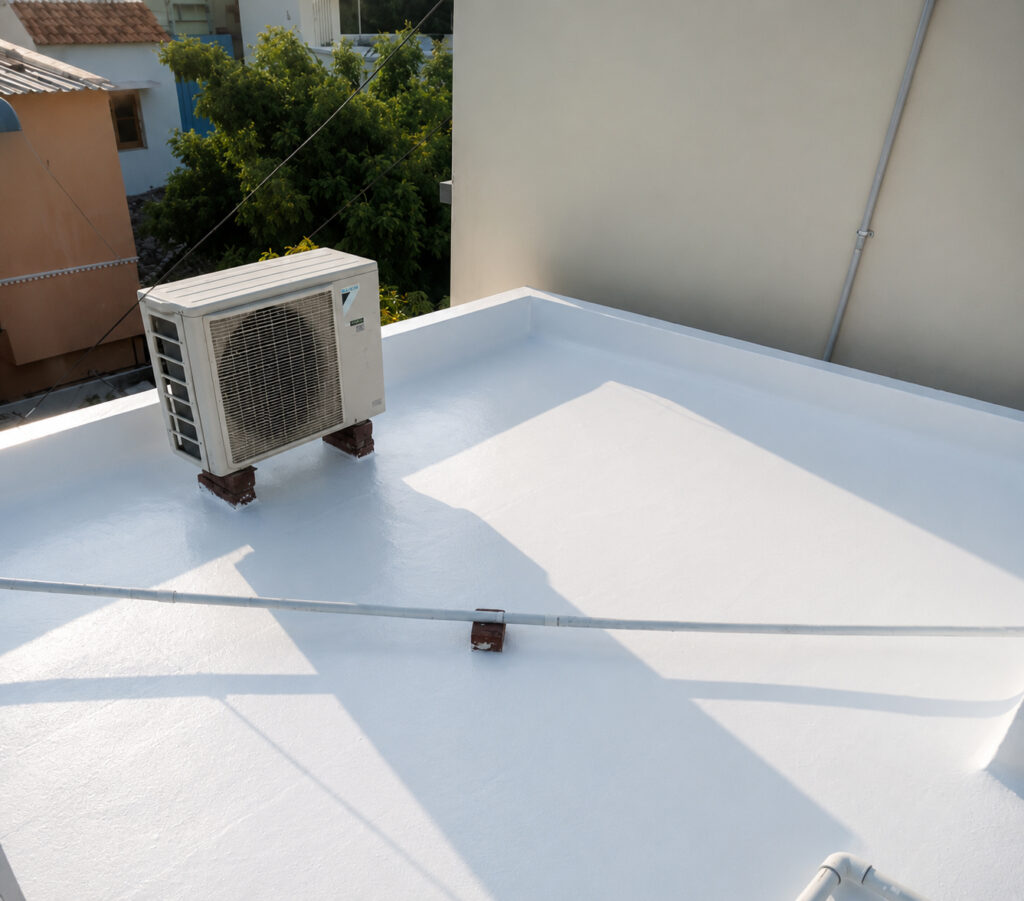 See how terrace acrylic chemical waterproofing with reinforcement fiber mat addressed rainwater seepage, damp ceilings and peeling paint in Tambaram, Chennai.