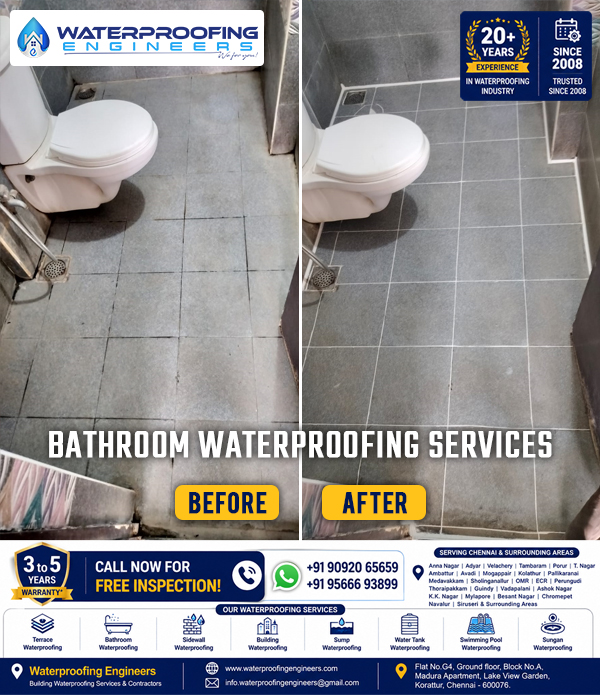 Sholinganallur bathroom waterproofing with chemical treatment and epoxy tile-joint treatment