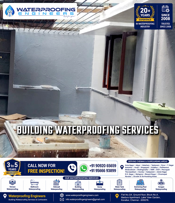Building polymer chemical waterproofing work with crack and joint treatment in Siruseri, Chennai